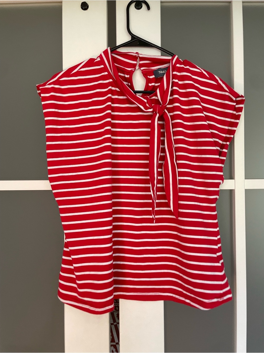 ModCloth striped top blouse XL mod tie neck red sailor mod vintage look
